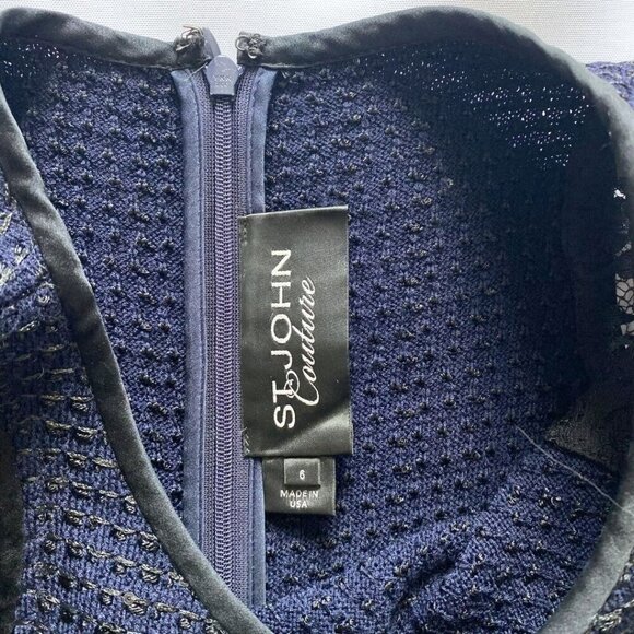 ST JOHN COUTURE NAVY KNIT BLACK SEQUIN AND LACE COMBO SHEATH DRESS - 6 - Picture 7 of 10